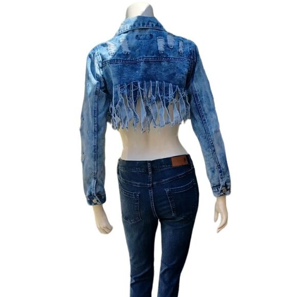 5690...Thrill Tasseled Ripped Crop Long Sleeve Denim Jacket Size Small - Picture 5 of 5